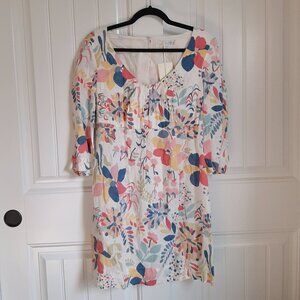 Boden NWOT Linen Floral 3/4 Sleeve V Neck Dress SZ 6